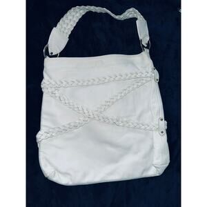 GOLDENBLEU LARGE BOHO WHITE LEATHER BAG BRAIDED TRIM & TASSEL USED 1X